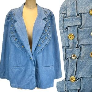 VINTAGE 80s‎ denim jeans blazer 100% cotton beaded jeweled women’s jacket coat